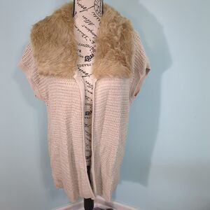 Talbots open front cardigan small removable faux fur collar brown office career